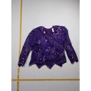 Vintage Laurence Kazar Sequin Beaded Blouse Purple 80s 90s